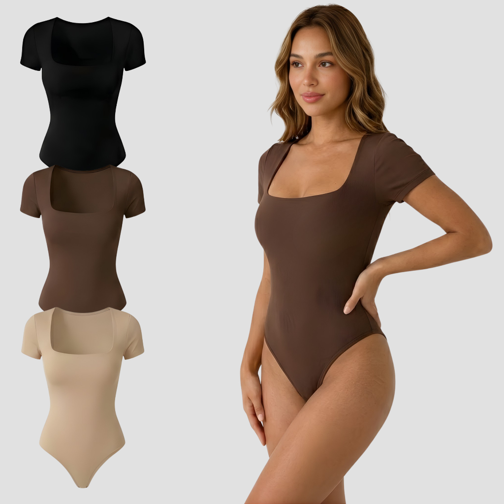 Kit 3 Ou 1 Unidade Body Bori Feminino Decote Quadrado Manga Curta Forro Duplo Poliamida Liso Verão