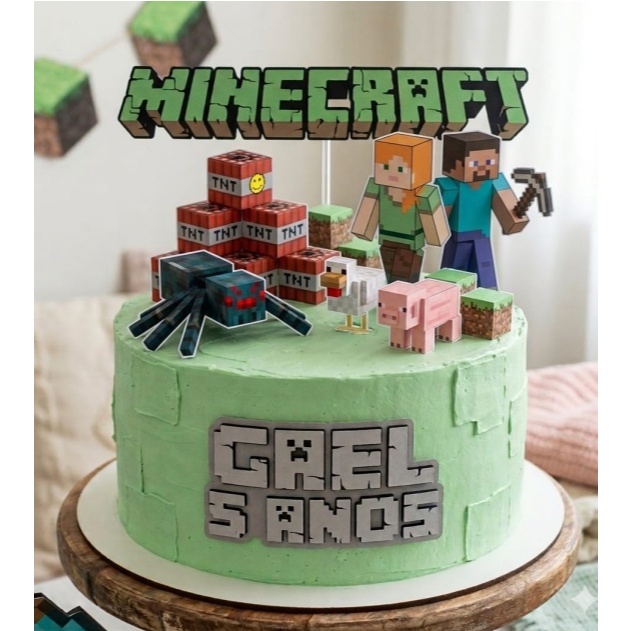 Topo de Bolo tema Minecraft com Nome e Idade| Festa personalizada Minecraft| Topper Minecraft|