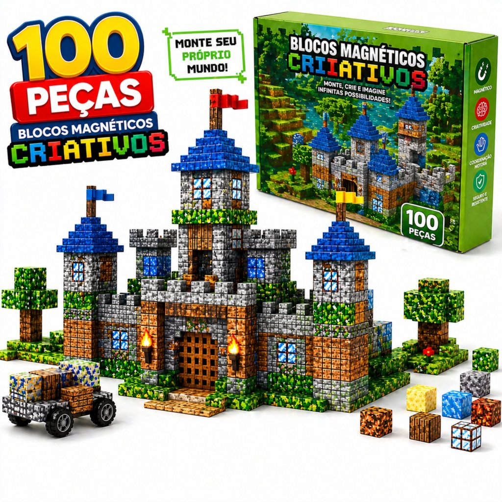 Kit 100 Blocos Magnéticos De Montar Infantil Construção Imã
