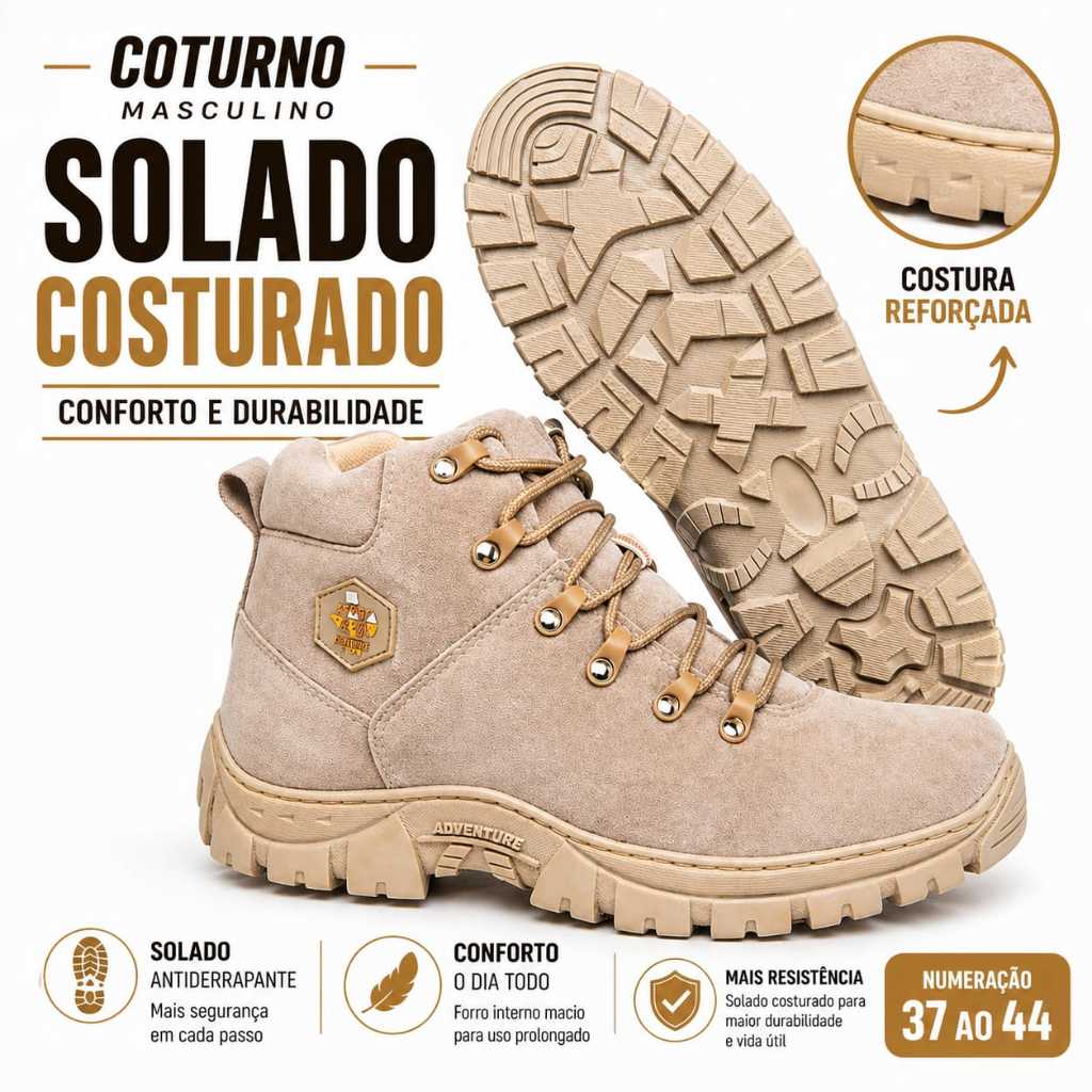 Coturno Masculino Bota Casual Confortável Solado Costurado Resistente Blaqueada Envio Rápido