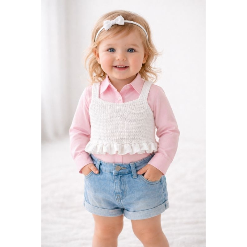 Colete Top Infantil Tricot Flor Margarida Croche Bebes e Meninas Tam 9m a 2 anos