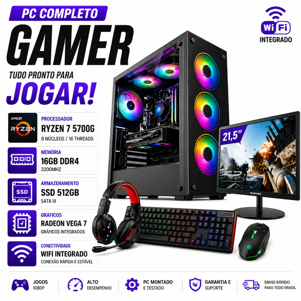 Pc Completo Gamer Ryzen 7 5700g Ssd 512gb 16gb 3200MHZ Monitor 21,5'' - Kit Gamer: Teclado, Mouse e Headset