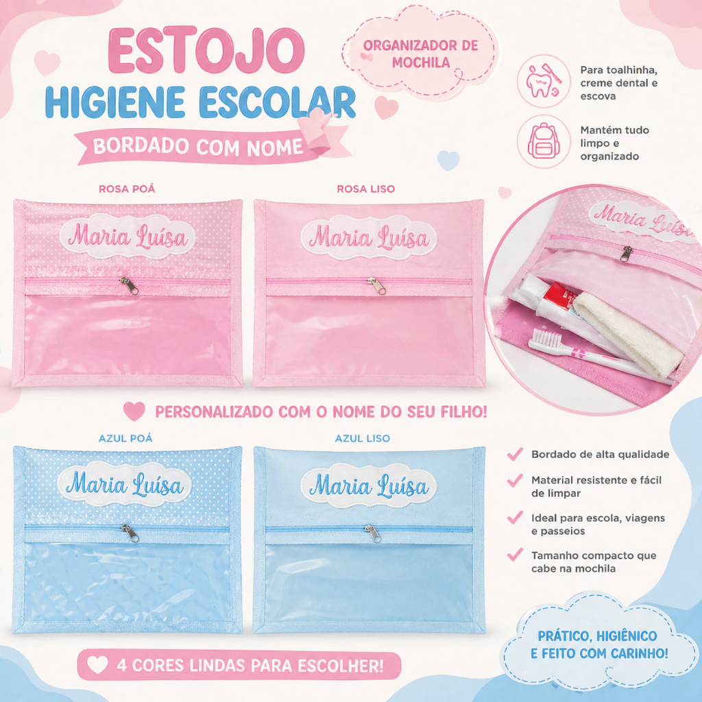Estojo Higiene Escolar Infantil Bordado Nome | Organizador de Mochila | Porta Escova e Creme Dental Personalizado
