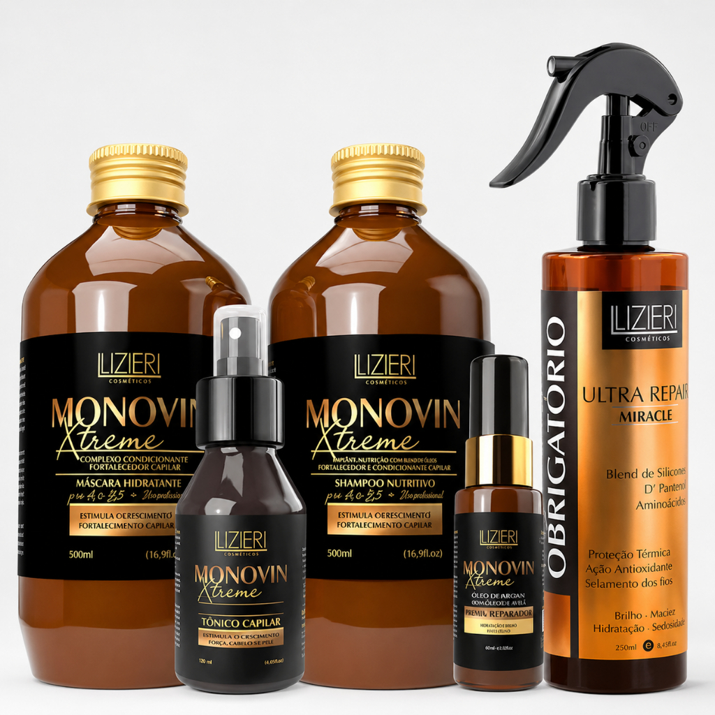 Kit Monovin Shampo Mascara Tônico Serum Reparador Antifrizz Crescimento Capilar Recuperação Lizieri