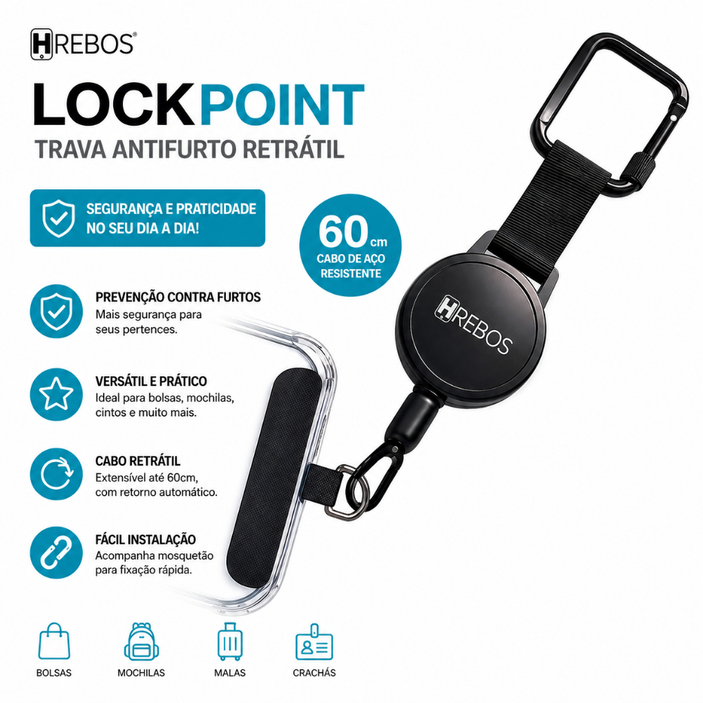 Trava Antifurto Retrátil para Celular Cabo de Aço Segurança Ideal para Shows Eventos Mochilas Bolsas