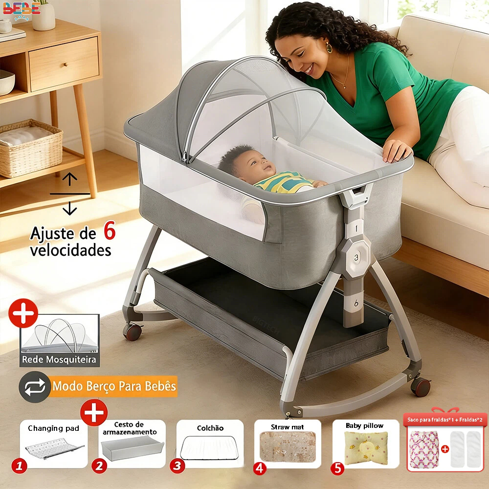 Berço Moises Portátil Bebê Co-bed Com Balanço Mosquiteiro Cesto Regulagem De Altura E Anti Asfixia