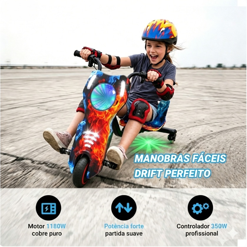 Triciclo Elétrico Infantil Drift 6.5” 350W Bluetooth | Luz LED Bateria Recarregável Crianças