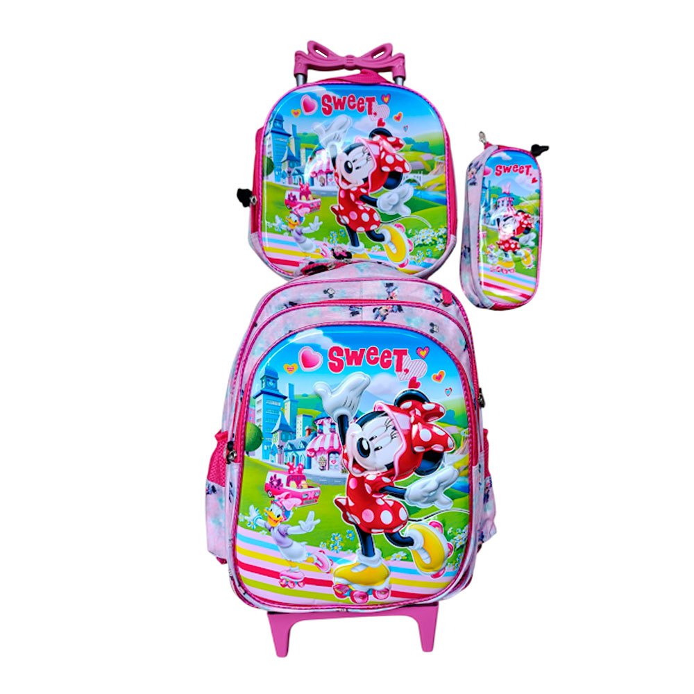 Kit Mochila da Minnie de Patins com Rodinhas + Lancheira Térmica + Estojo Escolar em 3D Alto Relevo