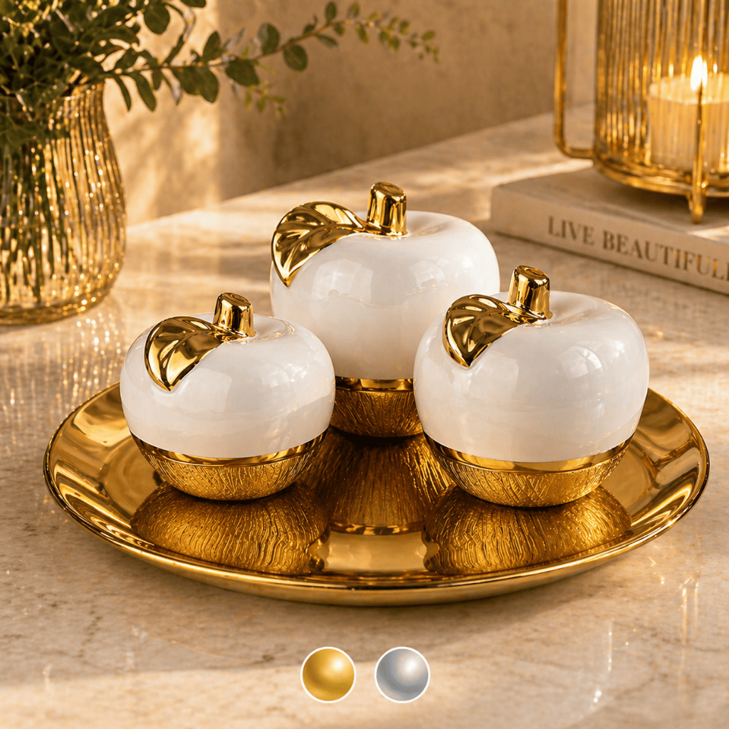 Escultura Decorativa Maçãs ou Peras Cerâmica com Bandeja Dourada Sala