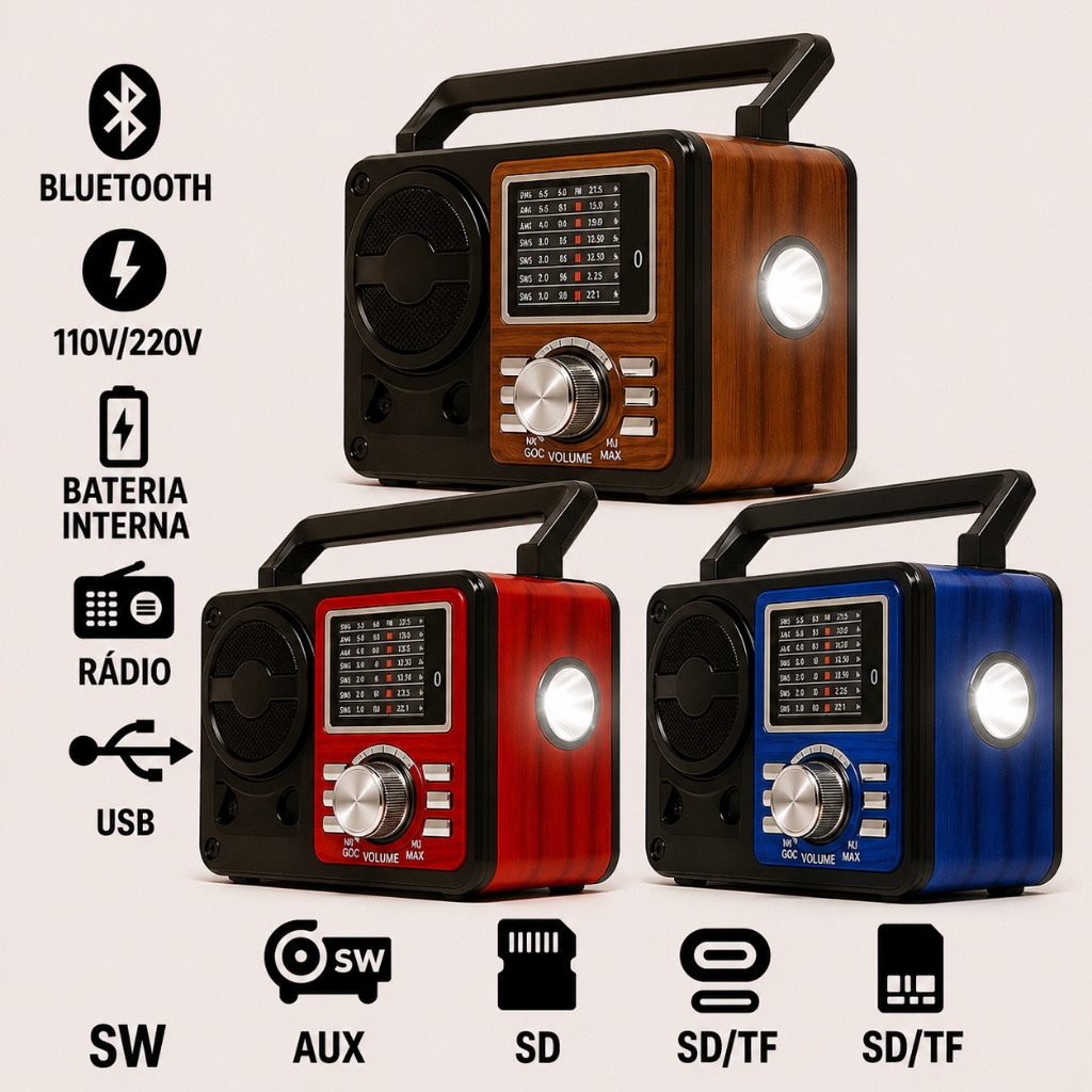 Caixa De Som Radio Retro Vintage Com Pilha Recarregavel Portatil Bluetooth USB FM Lanterna Caxinha
