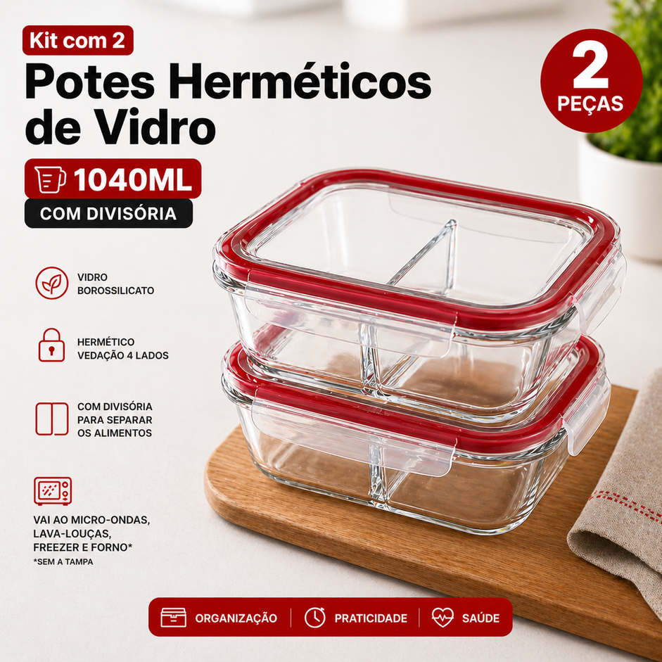 Kit 2 Potes Hermético de Vidro 1040ML com Divisória | Marmita Vidro Borossilicato, Vedação 4 Lados, Microondas e Freezer