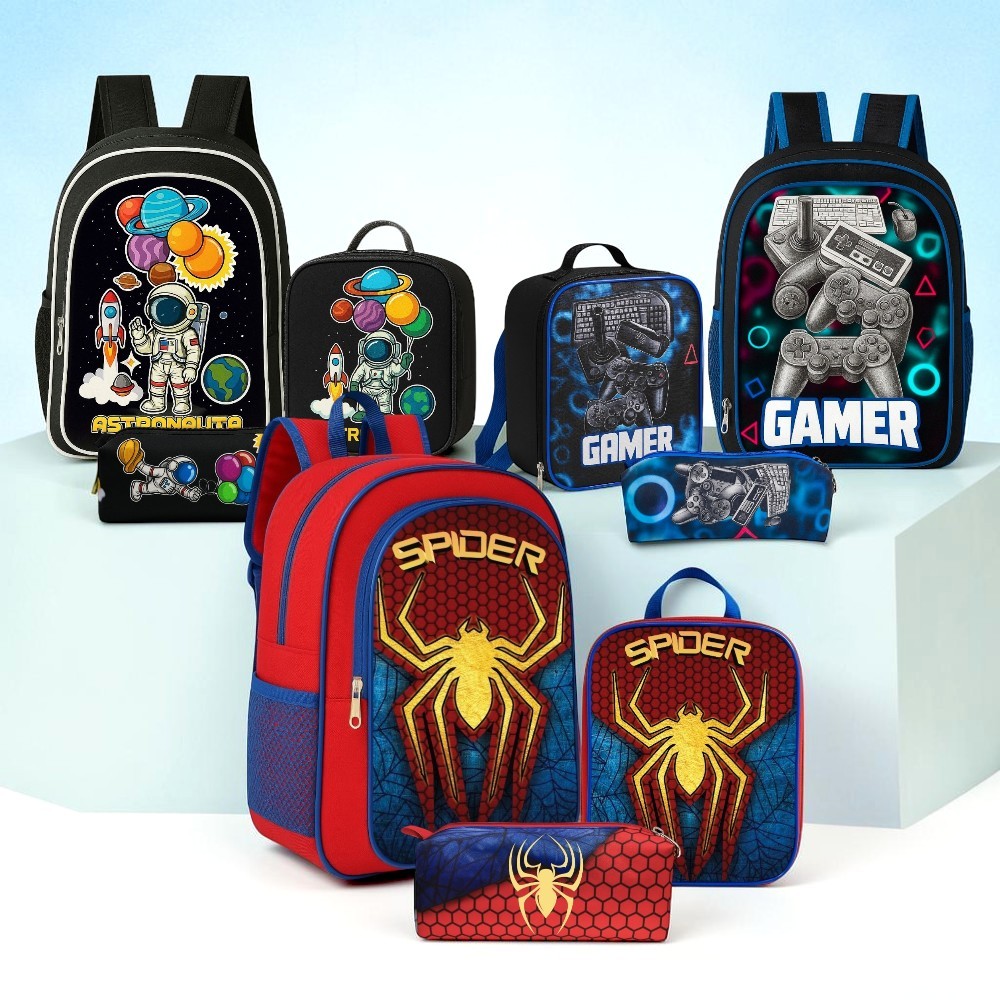 Kit Mochila Infantil Masculina | Mochila Grande + Lancheira Térmica + Estojo I Completo 4 a 10 Anos