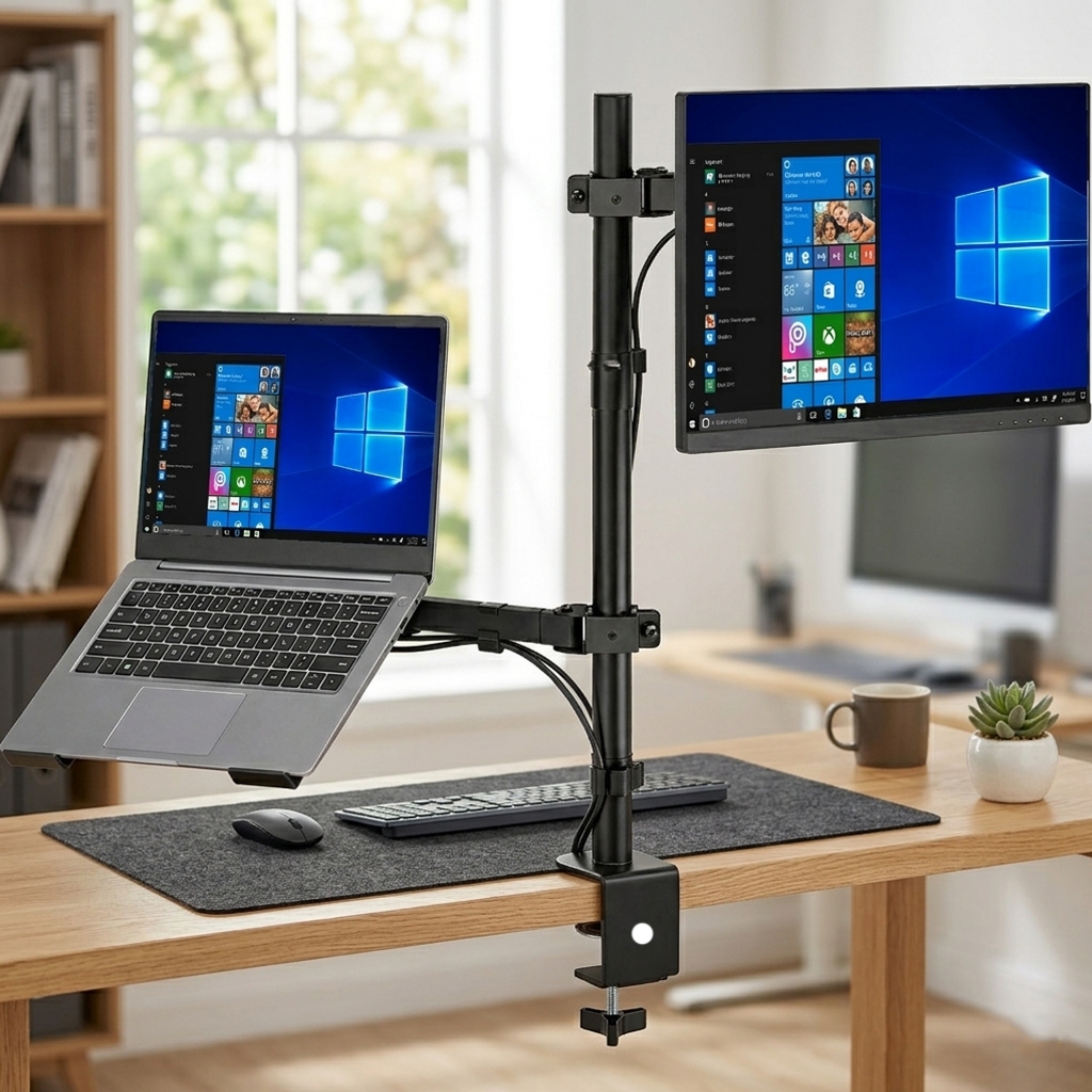 Suporte Duplo Notebook e Monitor Braço Articulado Bandeja Para Mesa Padrão VESA Morsa Profissional