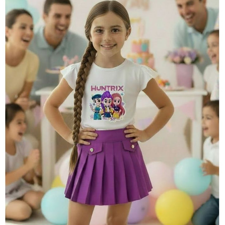 Conjunto Luxo Guerreiras Kpop Infantil Menina Blusa + Short Saia