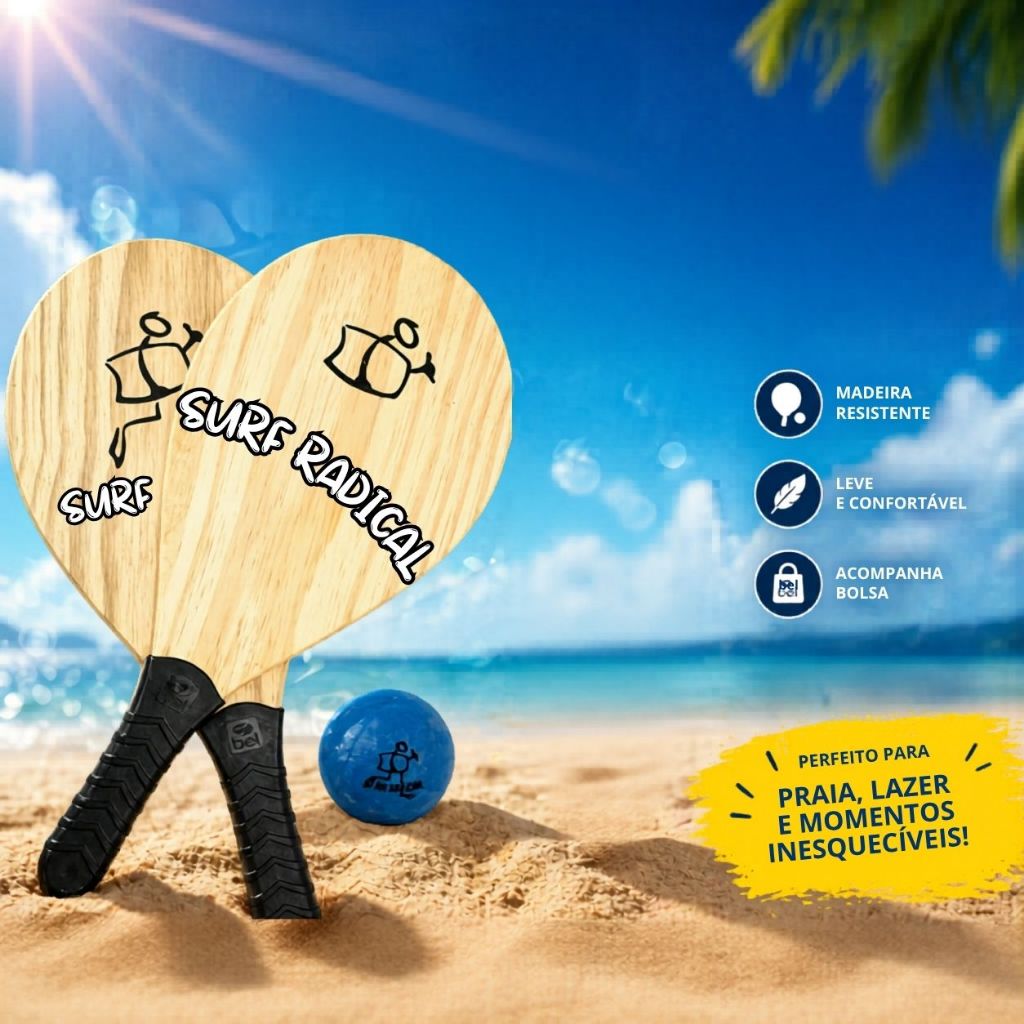 Raquete de Frescobol em Madeira + Bola + Sacola para Transporte Praia Lazer