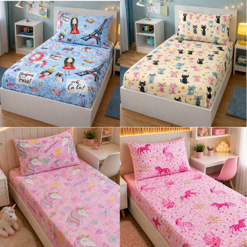 JOGO LENÇOL INFANTIL SOLTEIRO 2PEÇAS ESTAMPAS CRIANÇAS MENINO E MENINA CAMA PET