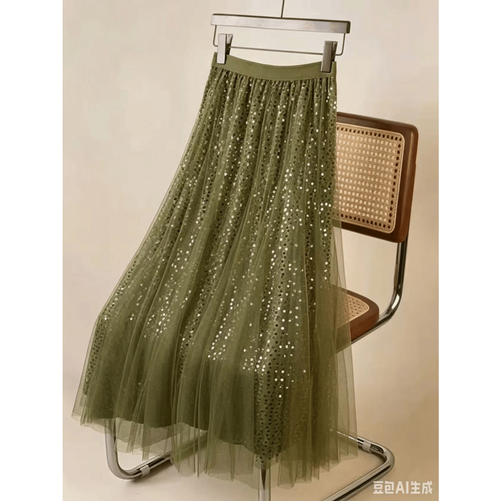 Saia midi feminina de tule com lantejoulas, cintura alta e elegante