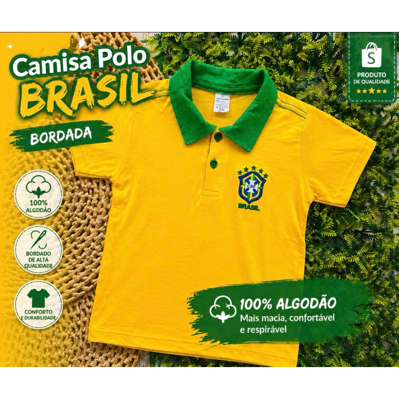 Camisa Masculina Infantil | Blusa Polo Infantil Menino Brasil Bordada | 100% Algodão | 2-4-6-8