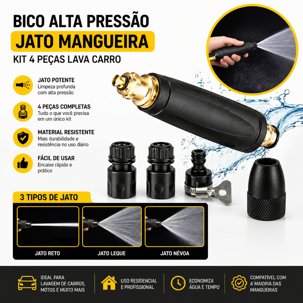 Bico Alta Pressão Jato Mangueira Água Kit 4 Pçs Lava Carro