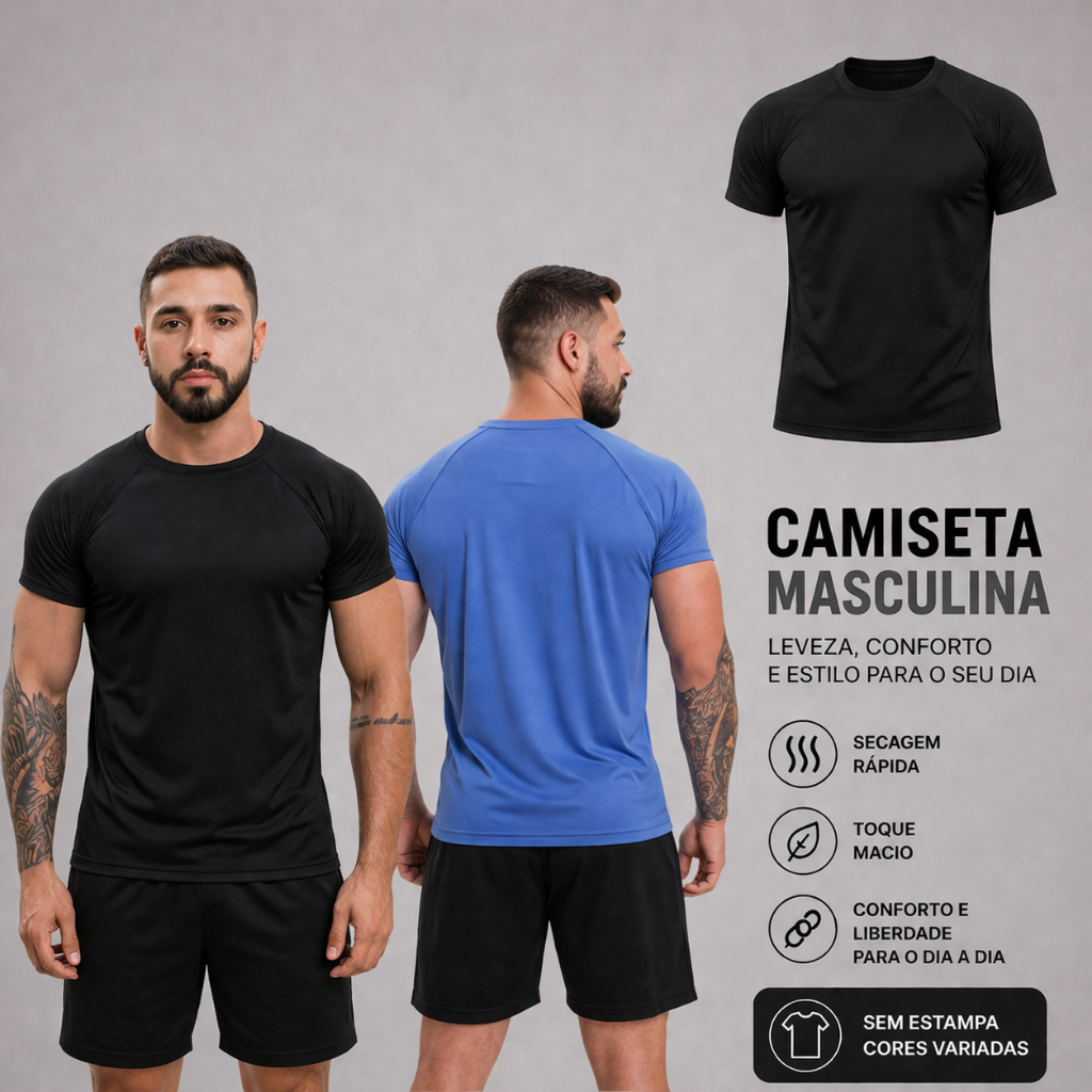 Camiseta Masculina Manga Curta Fitness, Academia, Treino, Esporte, Corrida Dry Fit Proteção