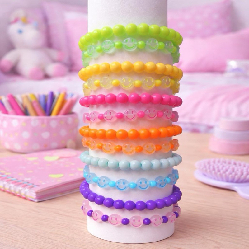 kit 12 Pulseiras Miçangas Smile Fluorescente Neon Coração Colorida Preta acessório infantil criança