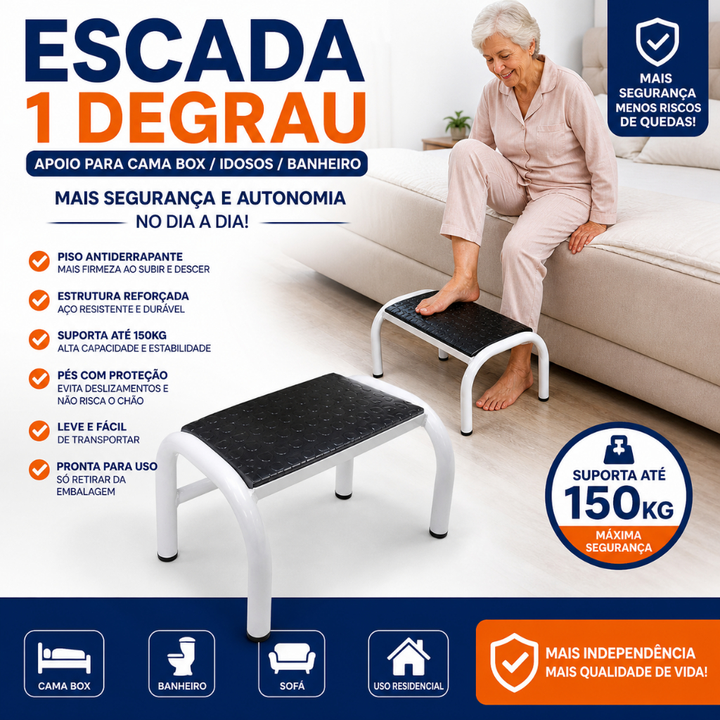 Escada Auxiliar 1 Degrau Para Idosos Cama Box Banheiro Aço Reforçado