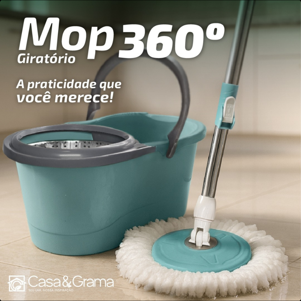 Mop Giratório Esfregão Cabo de Aço Inoxidavel de 140 cm Ajustável Reforçado Balde 13 L Cesto Inox Com 2 Refis Casa&Grama