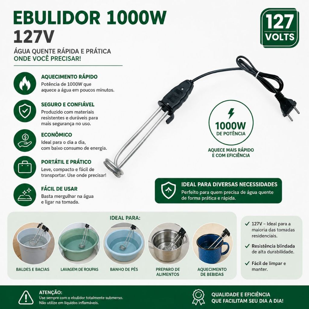 Ebulidor Elétrico Portátil 1000W 127V – Aquecedor de Água Rápido para Balde, Pia e Camping