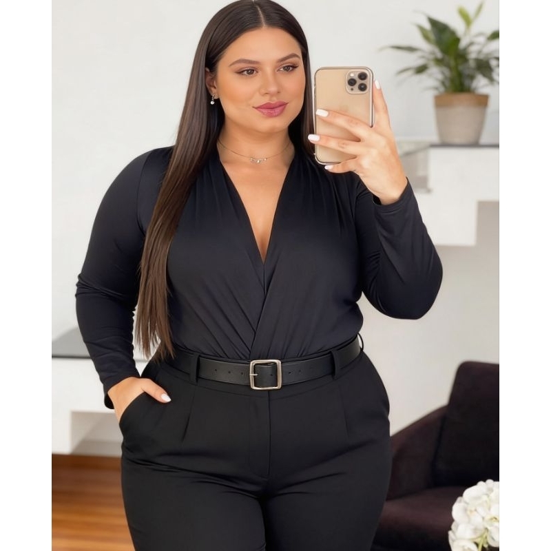 Body Bori Feminino PlUS SIZE Traspassado Manga longa Bodie Casual Decote V Regulável