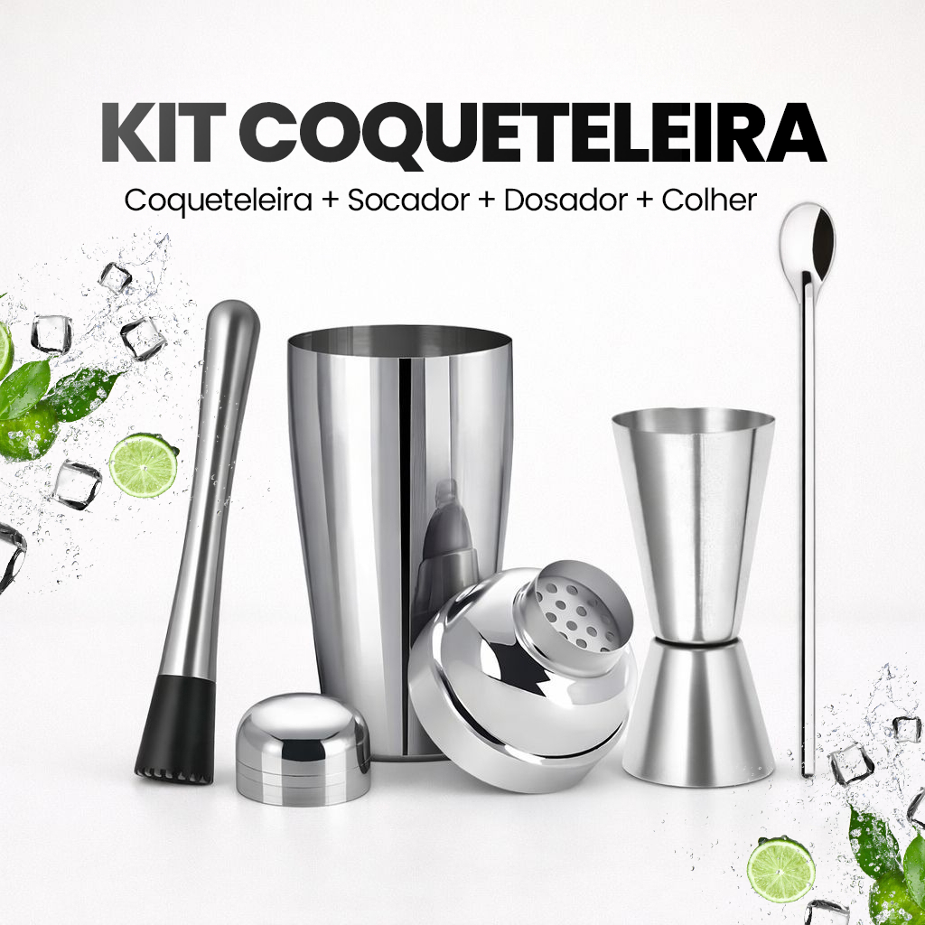 Imagem Kit Coqueteleira Inox até 820ml Caipirinha Profissional Barman 4 Peças Profissional Socador Dosador