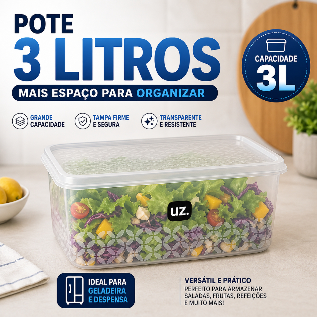 Pote Multiuso 3L Transparente Com tampa Organizador Plastico UZ Porta Salada Porta Fruta Marmita