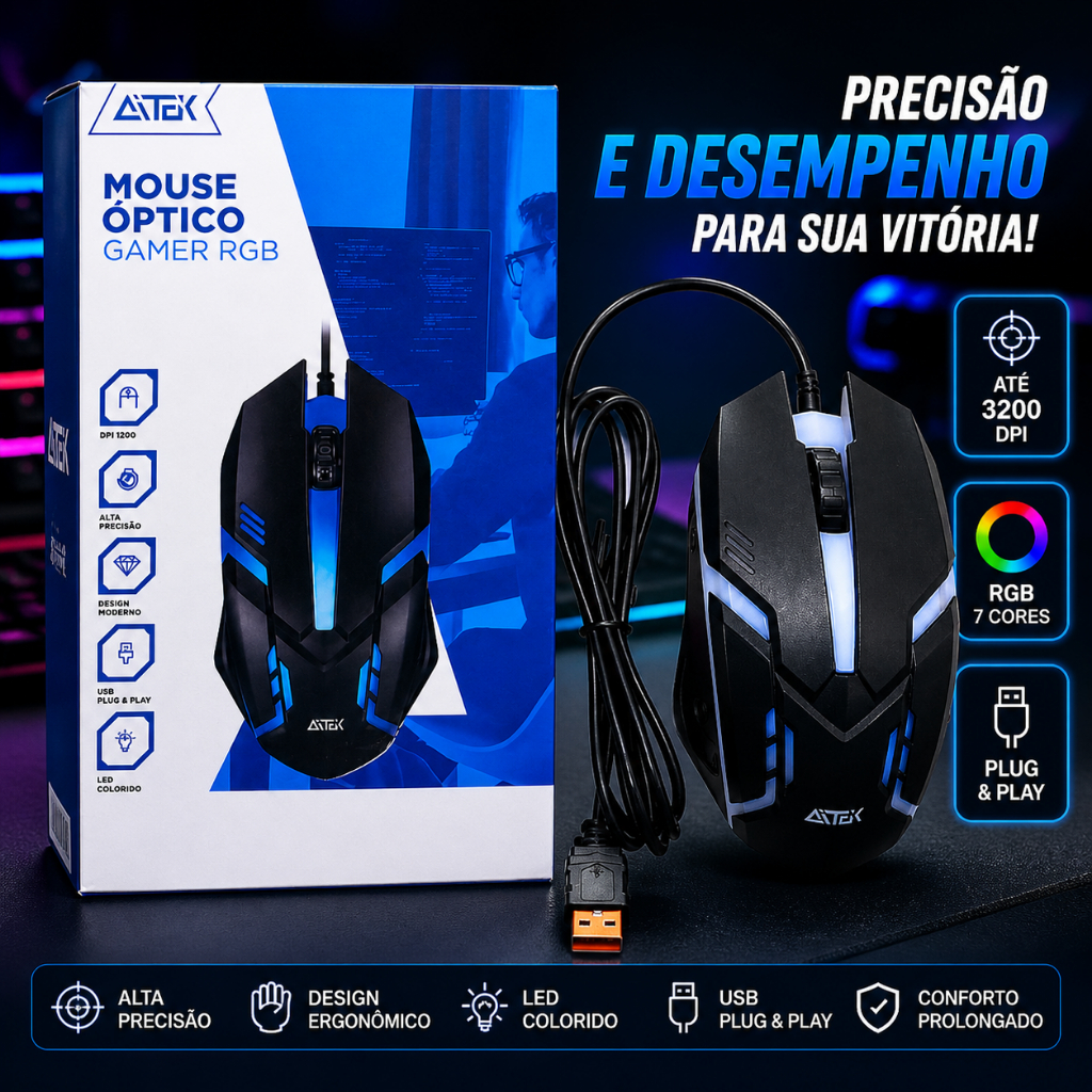 Mouse Gamer RGB LED USB 1200 DPI Ergonômico PC Notebook Alta Precisão Plug and Play