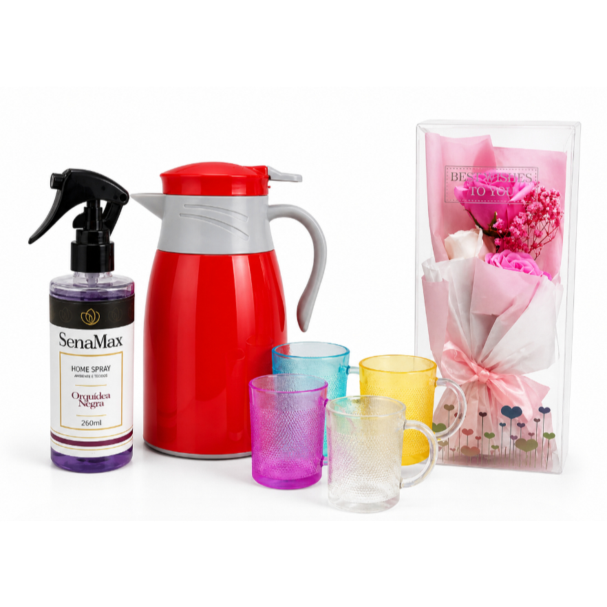 Kit Presente Perfeito Garrafa Térmica 1L com 4 Xícaras Buquê Decorativo Rosa e Spray Ambiente Premium casa Decorada