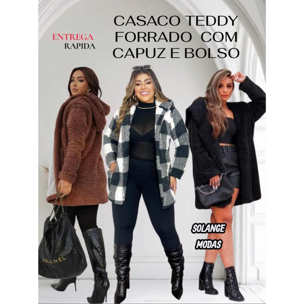 Casaco Feminino Inverno com Capuz  e  Bolso Funcional Sobretudo  Casaco de Frio Quentinho Forrado