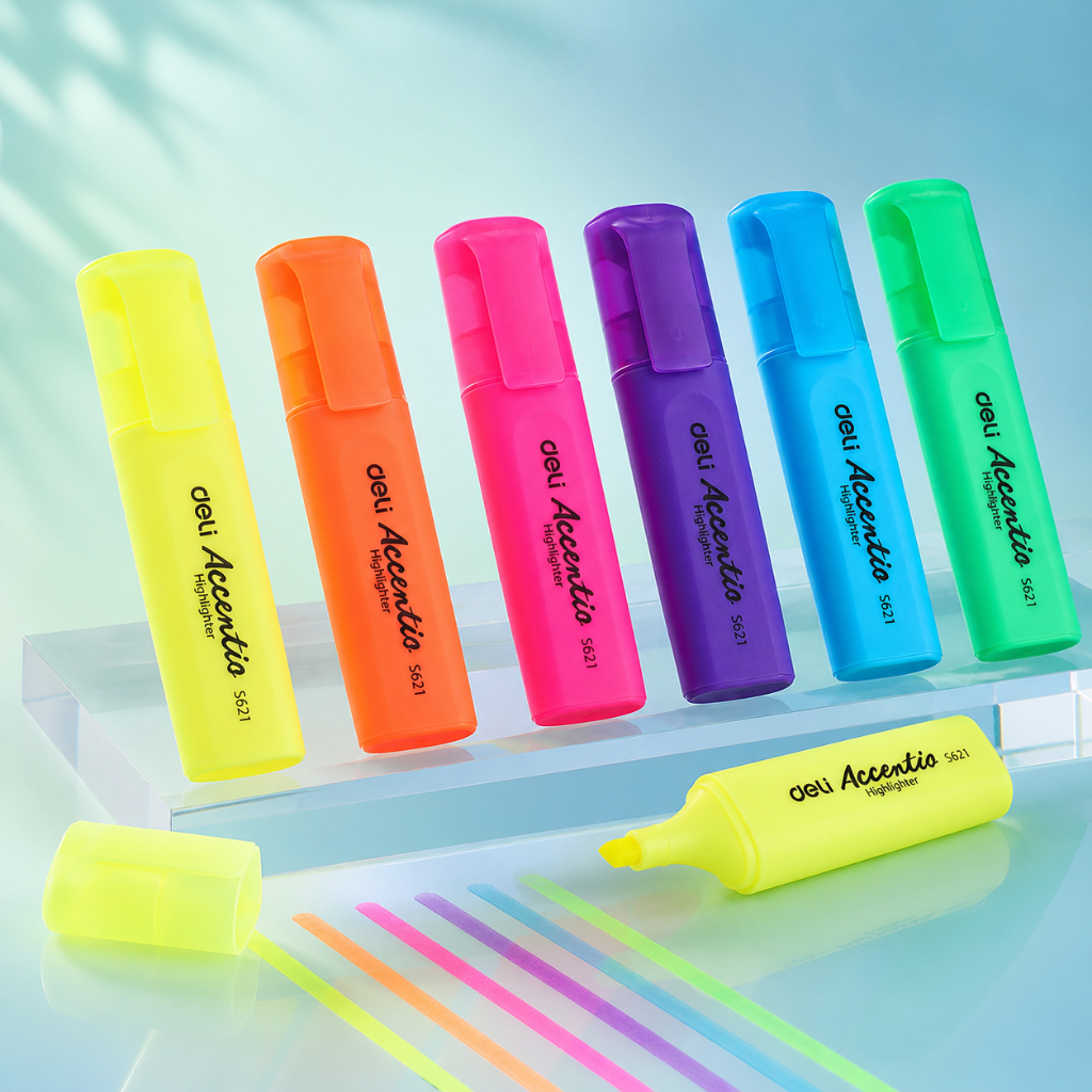 Kit com 6 Canetas Marca-Texto Deli Cores Fluorescentes Ponta Chanfrada 1-5mm