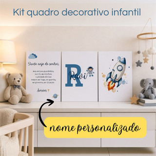 quadro decorativo infantil quarto de bebê nenem m kit com 3 quadros astronauta nome personalizado tamanho 20x30 premium