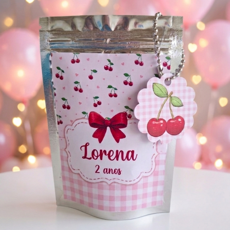Saquinho metalizado Ziplock 10x15cm Cerejinha personalizado | Lembrancinha de Festa Infantil | Aniversário infantil