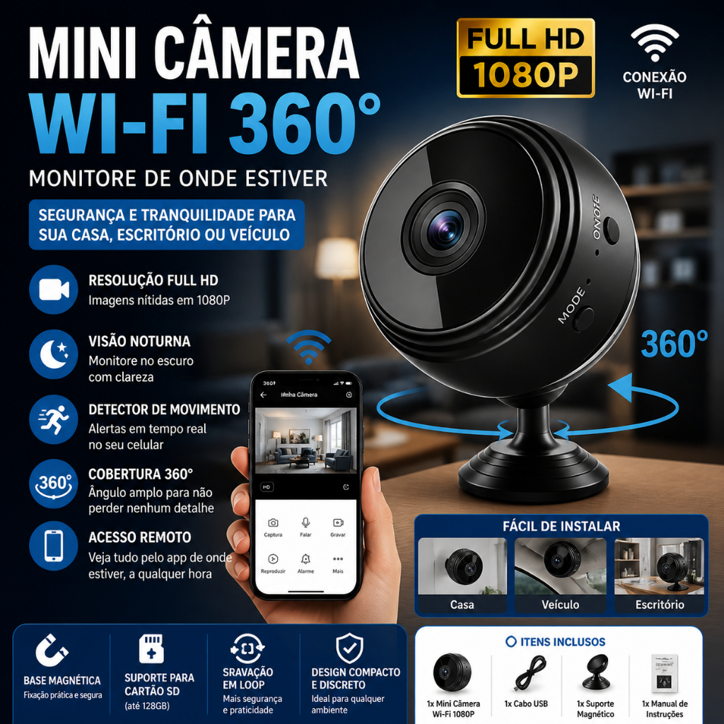 Mini Câmera Wi-Fi Full HD 1080p Monitoramento Residencial Veicular Visão Noturna 360°