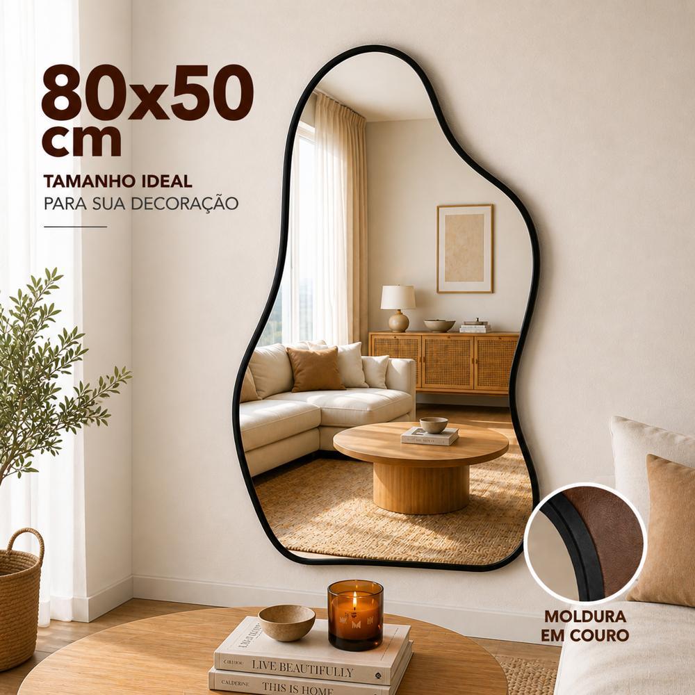 Espelho Orgânico Flame 80x50 cm com Moldura em Couro Decorativo para Sala Quarto Banheiro Moderno