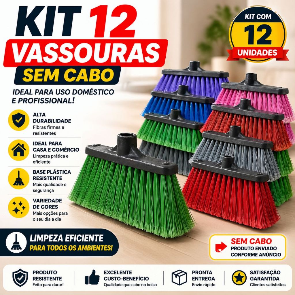 Vassoura Com Base de Plastico 12 Unidades sem cabos