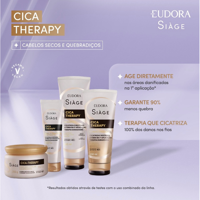 Combo Eudora Siàge Cica-Therapy: Shampoo 250 ml - Condicionador 200ml - Máscara 250g -  Leave-In Concentrado 100ml