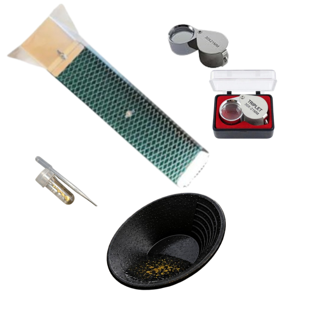 Kit Garimpo de Ouro Completo + Mini Calha + Bateia Americana + Lupa 30x + Sugador + Frasco | Hobby Profissional