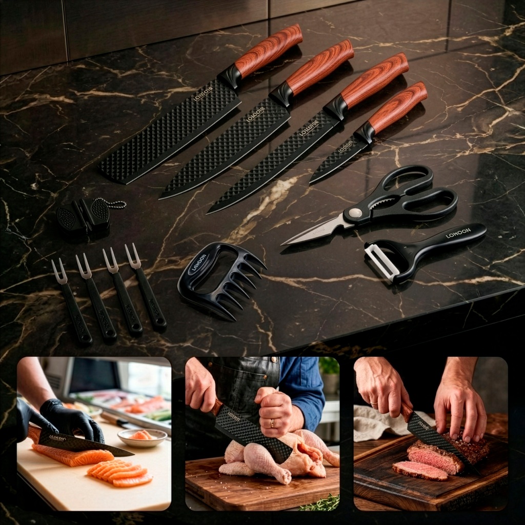 Kit 12 Facas Profissional De Aço Carbono London Premium Para Churrasco Cozinha Com Descascador + Tesoura