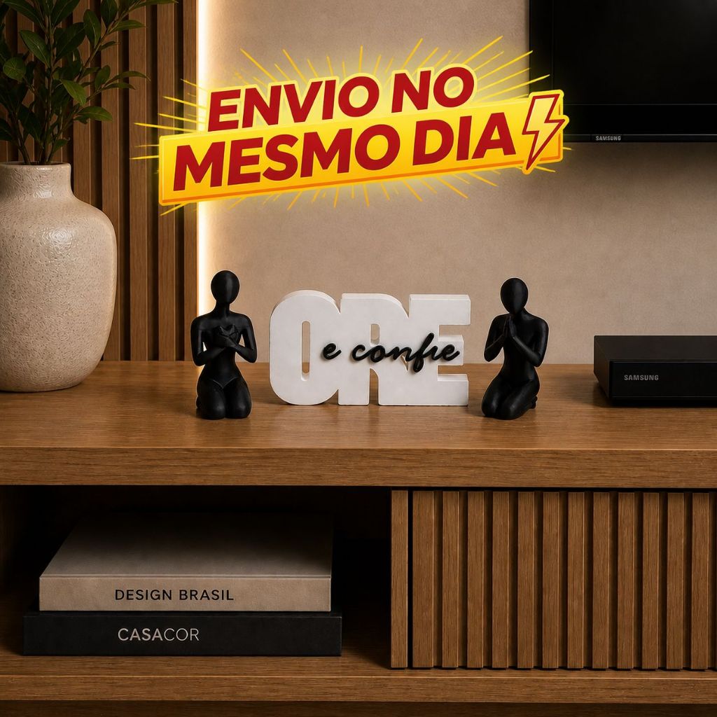 Kit Decorativo “ORE e Confie” com 2 Bonecos Orando 10cm Sala, Rack, Escritório e Presente Cristão