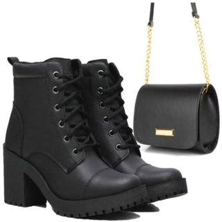 Bota Coturno Feminina Confortável De Salto Alto Blogueira Com Cano Medio Regulável + Bolsa Transversal Estilosa
