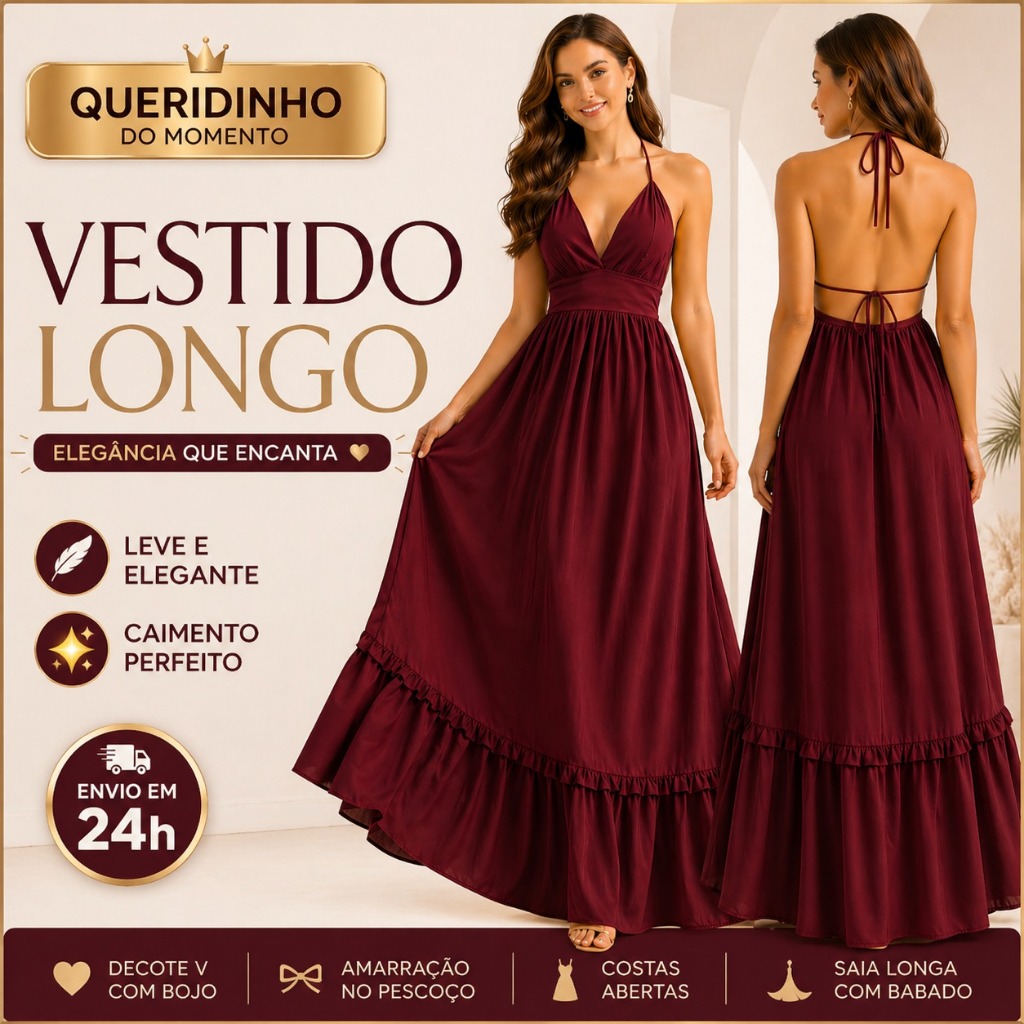 Vestido Longo Feminino Decote V Frente Única Costas Nuas Amarração Regulável Tecido Premium