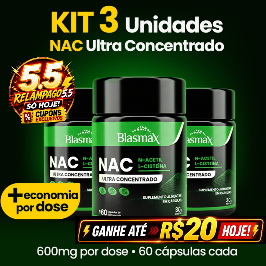 NAC 600mg – Kit 3 | N-Acetil L-Cisteína Saúde do Fígado, Imunidade e Detox - 180 Cápsulas Original