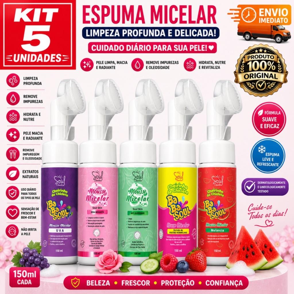 KIT 5 MOUSSE MICELAR 150 ML, LIMPEZA FACIAL COMPLETA , hidratação ,+ PELE MACIA E CHEIROSA , ENVIO IMEDIATO