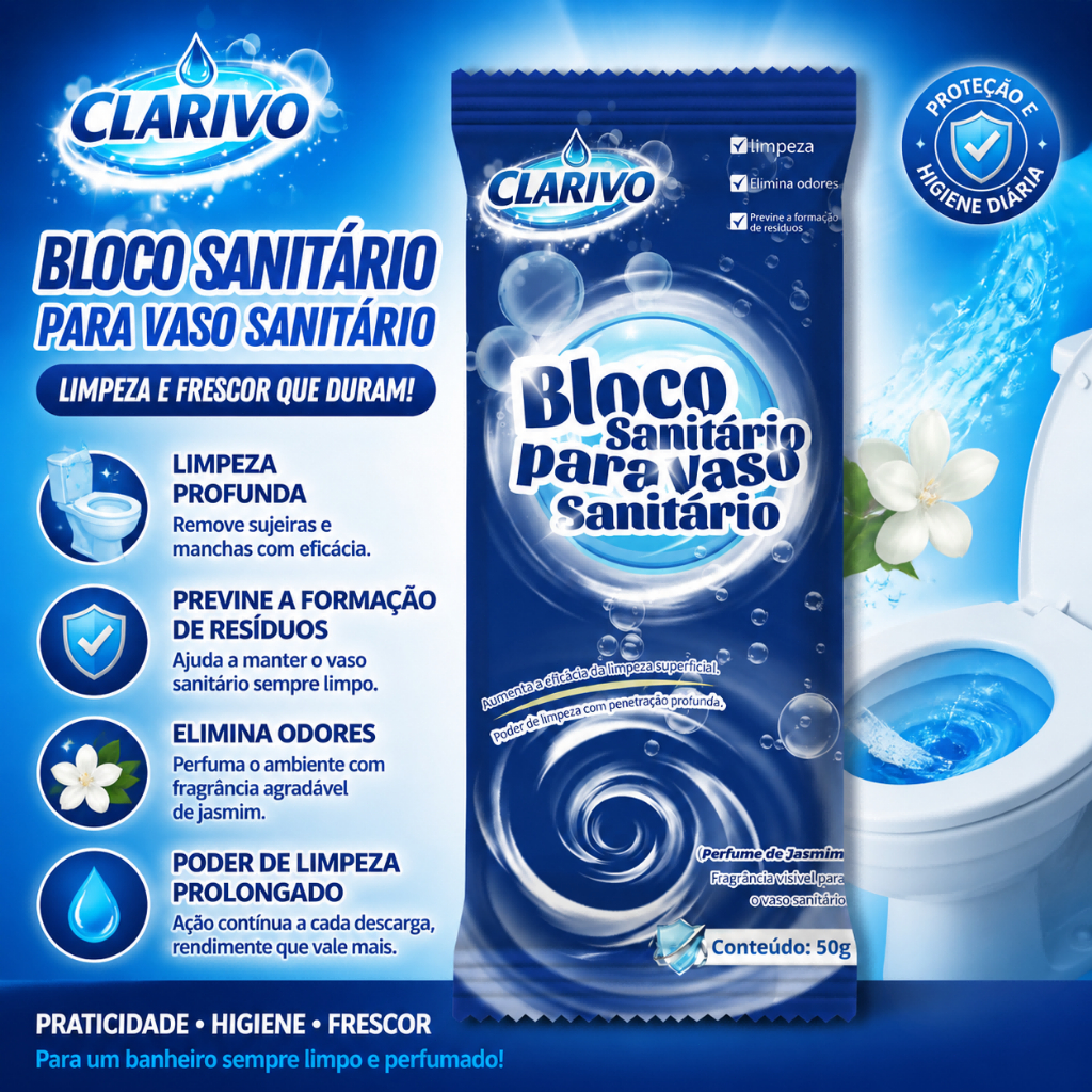 CLARIVO Bloco Sanitário 50g, Limpeza Profunda, Previne Resíduos e Elimina Odores com Fragrância de Jasmim
