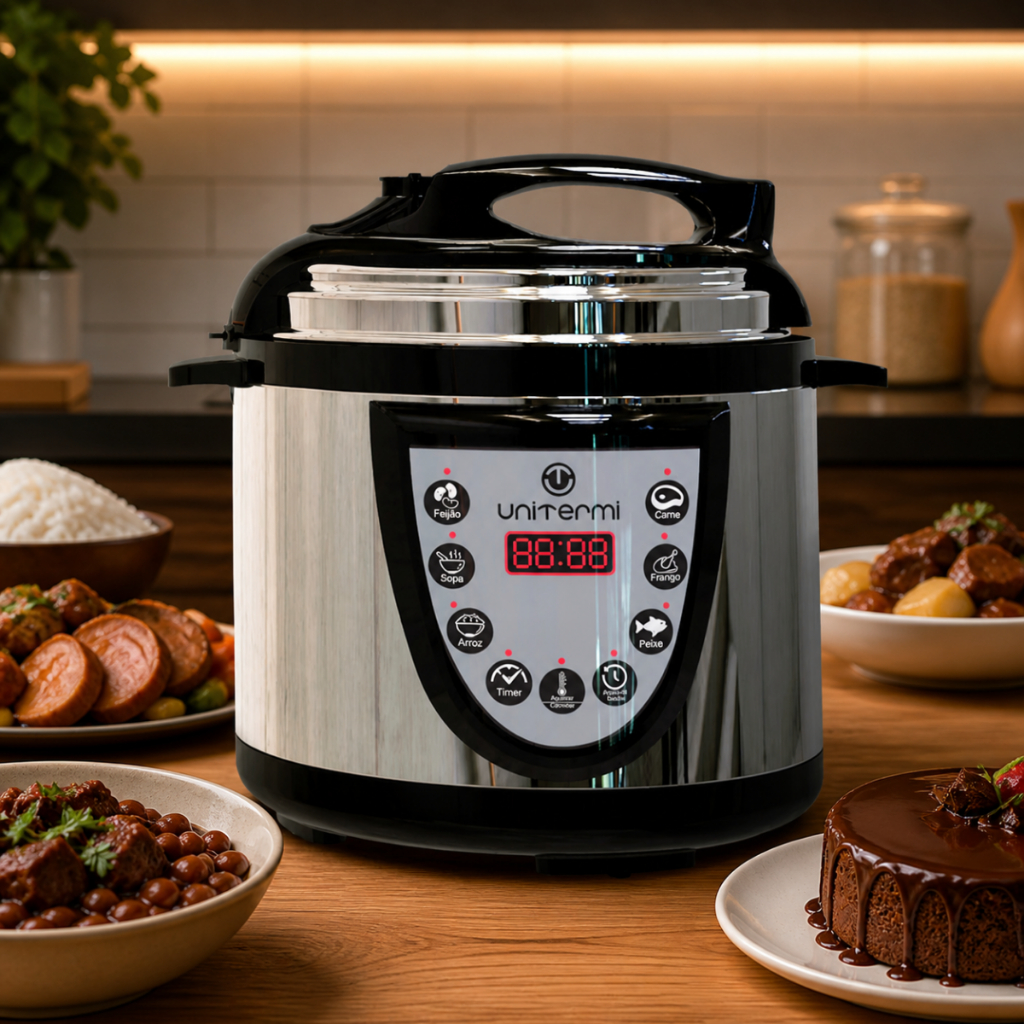 Panela de Pressão Elétrica Digital Unitermi 4L Inox Timer Antiaderente Multifuncional Cozinha Segura